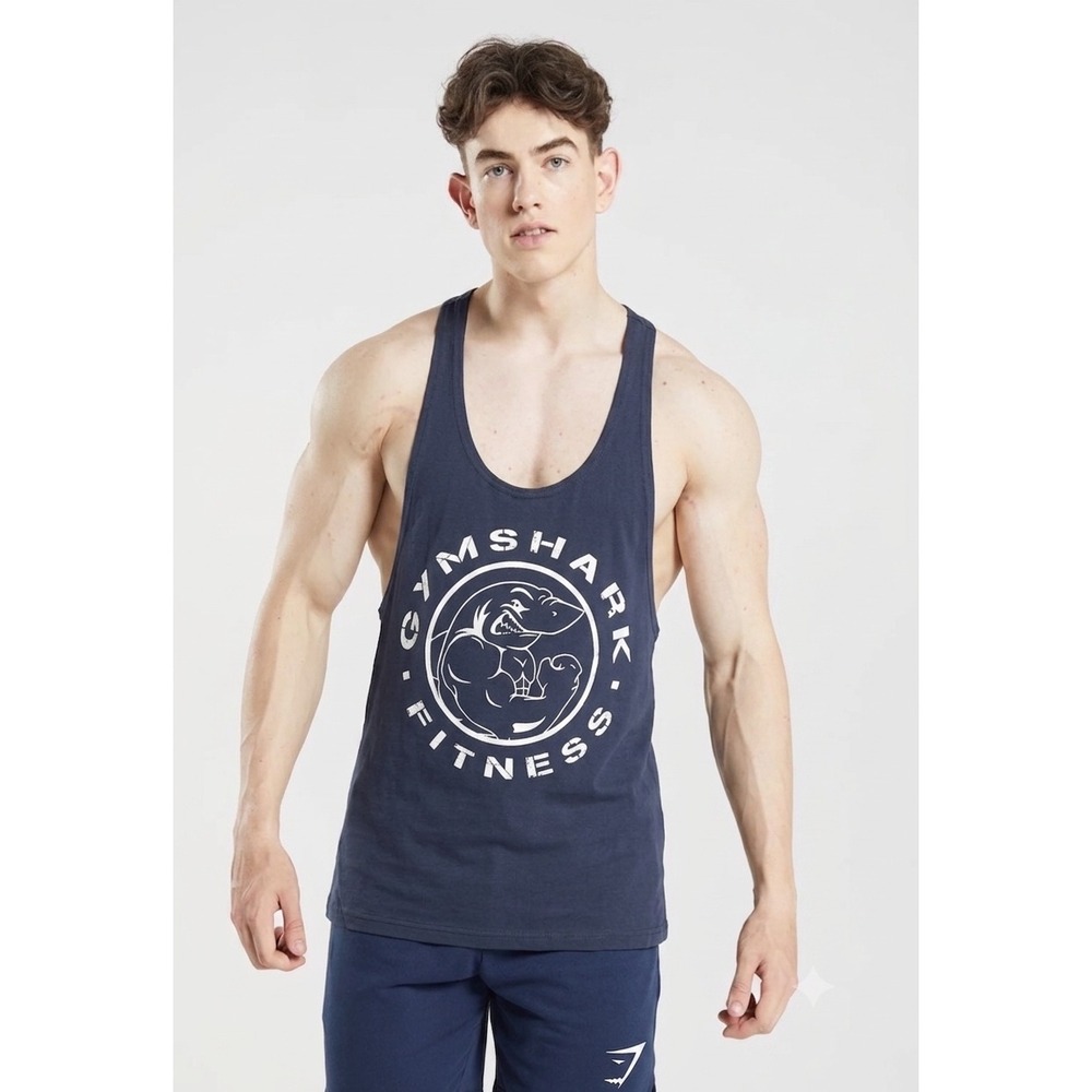 Gymshark Fitness Mens Heritage Stringer Tank Top Navy Blue Graphic Logo Large